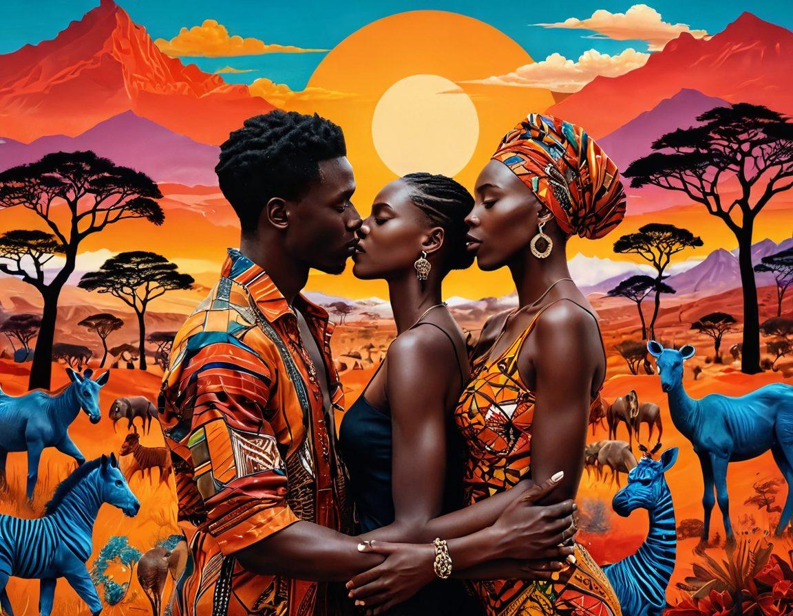 A vibrant collage depicting diverse couples passionately expressing love and intimacy, set against a backdrop of iconic African landscapes. Include elements of traditional African art patterns and textures, coupled with modern cinematic influences. Emphasize empowerment and celebration of sexuality across different cultures. Rich colors to evoke emotion and connection. surrealism. vibrant colors. 3D.