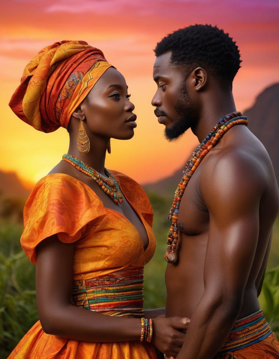A captivating scene depicting a vibrant African film set, showcasing diverse actors engaged in a powerful narrative about sexuality. Include traditional African motifs, colorful costumes, and intimate interactions that convey depth and emotion. The backdrop should feature lush landscapes and bright sunsets, symbolizing the rising tide of sexual entertainment. The overall atmosphere should be evocative and thought-provoking. super-realistic. vibrant colors. 3D.