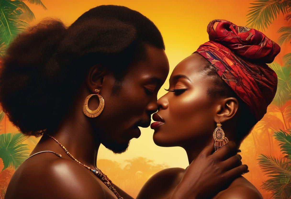 A montage depicting the evolution of intimacy in African cinema, featuring scenes from candid erotica transitioning into sensual movie scenes. Include traditional African elements intertwined with modern cinematic visuals, and expressions of passion and connection. Play with bold colors and ethereal lighting to evoke a sense of romance and cultural depth. Incorporate film reels and iconic African symbols in the background. vibrant colors. cinematic style.